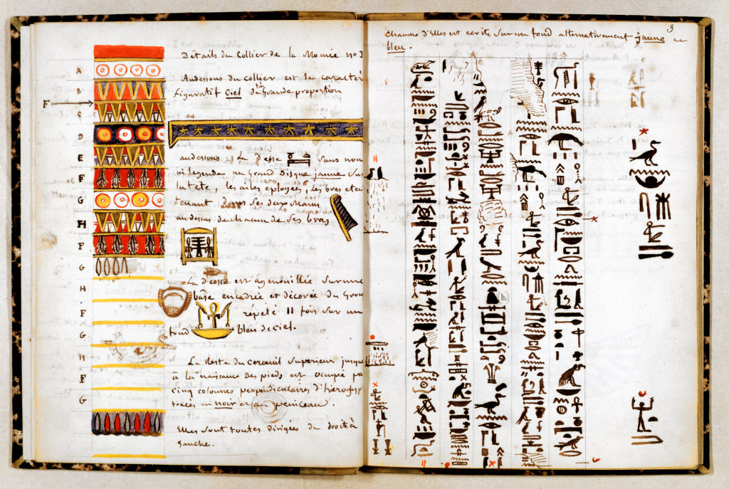 Jeroglíficos en el cuaderno de Jean-Francois Champollion. / Getty Images